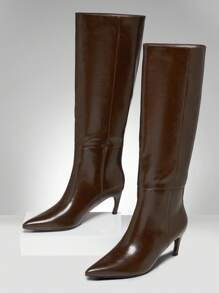 SHUZIA Women Everyday Basic Minimalist Comfortable Zip-On Knee-High Heeled Boots For Christmas - Chocolate Brown - View 2
