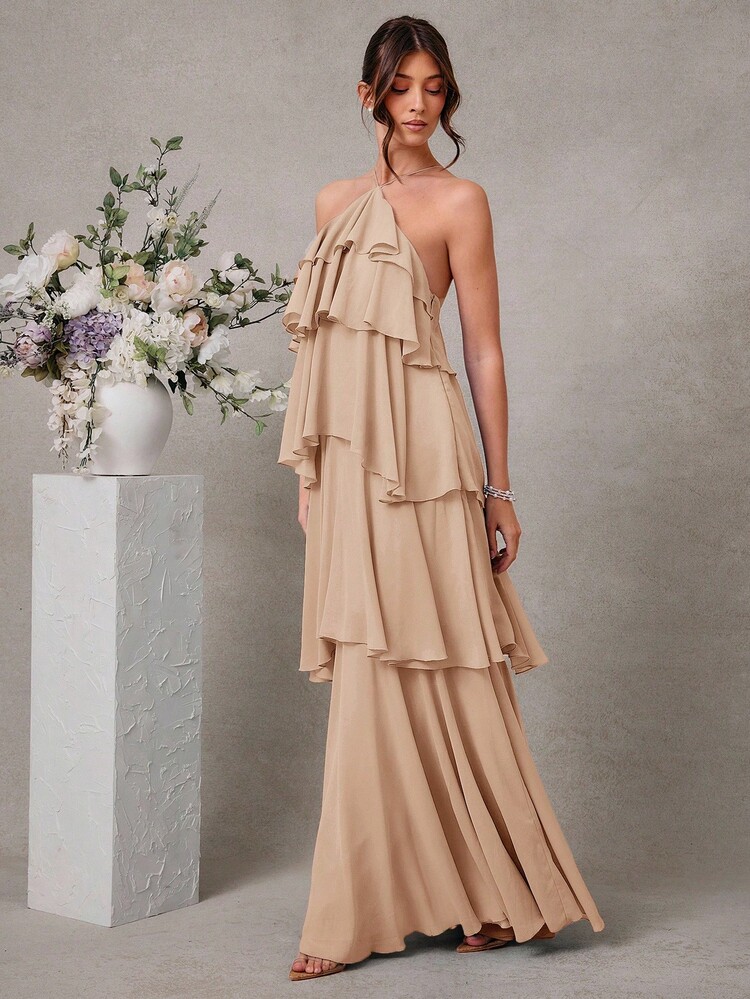L'Amorae 优雅浪漫婚礼宾客纯色露背分层雪纺长裙 - 卡其色 - 查看 4