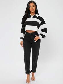 SHEIN PETITE Half Button Colourblock Drop Shoulder Crop Tee - Black and White - View 3