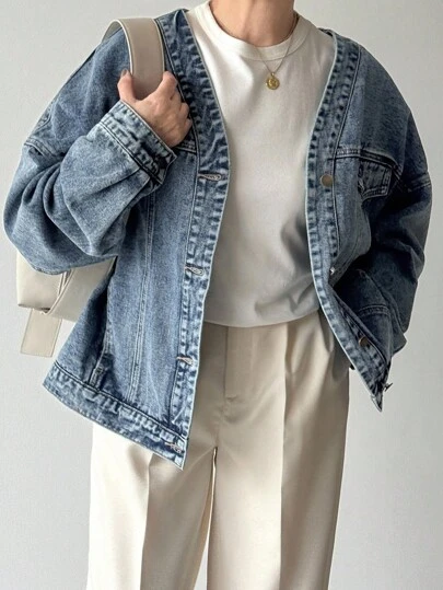 FRIFUL 女式纯色落肩前扣宽松时尚百搭牛仔夹克