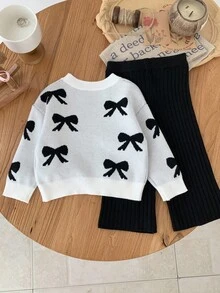 SHEIN Baby Girls Casual Bow Print Sweater & Pants Set,In Fall/Winter