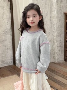 DAZY 女童圆领撞色缝线装饰长袖卫衣，秋冬季 - 灰色 - 查看 6