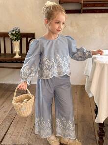 LMoss Kids 2件套少女碎花梭织衬衫和宽松休闲裤套装 - 藍白色 - 查看 6