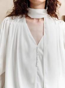 Arave Women's Chiffon Fabric H-Shaped Loose V-Neck Large Ribbon Shoulder Pleating Leg-Of-Mutton Sleeves Placket Mushroom Button Design Daily Commuting Long-Sleeved Shir Fall Clothes For Women Long Sleeve Shirt - Apricot - View 6