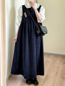 FRIFUL 女士藏蓝色纯色圆领无袖褶皱连衣裙，秋季连衣裙，户外连衣裙，女士秋季服装夏季女装连衣裙 - 藏蓝色 - 查看 4