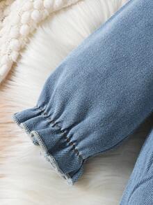 SHEIN 1 件女童/女宝宝休闲蓝色水洗牛仔花卉刺绣长袖连体裤 - 藍色 - 查看 6