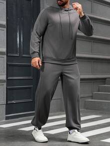 Manfinity Homme 男士纯色简约休闲长袖连帽衫和裤子套装男士运动服套装男士连帽衫和运动裤套装男士慢跑套装休闲两件套男士男士运动服套装，秋季服装 - 深灰色 - 查看 5