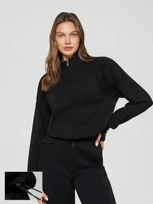 GLOWMODE Modal Silky Smooth Loose Stand-Up Half-Zip Collar Adjustable Drawstring Hem Long Sleeve Sweatshirt With Thumbholes Daily Casual  Spring Summer - Black - View 1