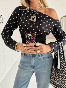 Siren Gaze 女士长袖短款圆点不对称肩T恤，秋季新品 - 黑色 - 查看 3