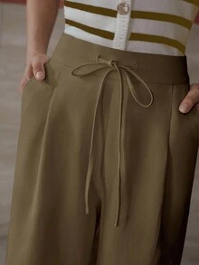 MOTF PREMIUM PANTALONES DE PIERNA ANCHA CON PLIEGUES, BOLSILLOS SESGADOS Y CINTURA CON CORDÓN - Café integral - Ver 4