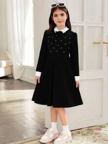 SHEIN Leap Crew Tween Girl Contrast Collar Bow Beaded Knit Snug Fit Dress, Elegant Academic Style, Daily Fashion Wear