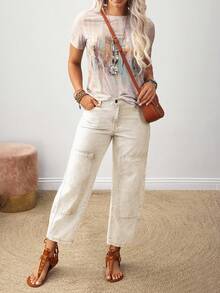 EMERY ROSE Quần jeans ống loe bỏ túi dáng rộng cỡ lớn cho nữ, màu be nhạt, màu mơ nhạt, quần lửng thu đông mới - Màu be - Xem 5