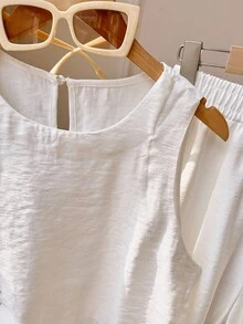 INAWLY 2pcs Women Sleeveless Solid Camisole And Pants Set - White - View 4