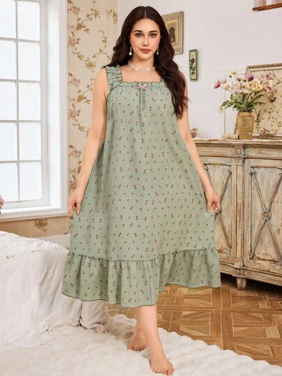 CottageSlumber فستان نوم ماكسي بطبعة زهور صغيرة رومانسية مع كشكش في الذيل بدون أكمام، فستان نوم أنيق بطبعة زهور وفيرة باللون الأخضر، فستان منزلي للنساء، فستان نوم للنساء، فستان نوم للنساء، فستان منزلي أخضر للنساء