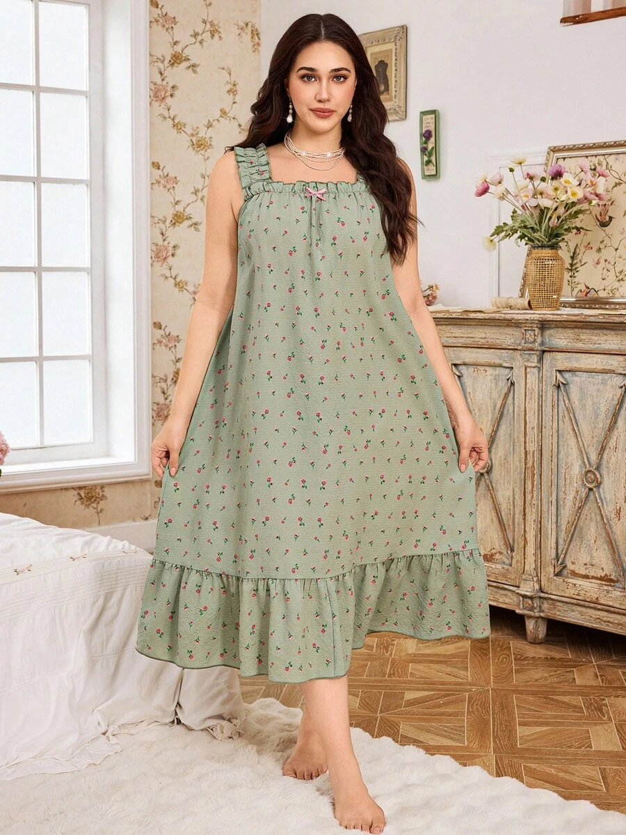CottageSlumber Váy ngủ Maxi không tay họa tiết hoa nhỏ lãng mạn cỡ lớn, viền bèo nhún, váy ngủ màu xanh lá cây lộng lẫy, váy ngủ mặc ở nhà cho nữ, váy ngủ họa tiết hoa, váy ngủ nữ, váy ngủ mặc ở nhà cho nữ, váy ngủ màu xanh lá cây - Nhiều màu - Xem 1