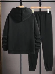 EURMUSE 男士字母与熊印花常规款连帽衫和裤子套装 - 黑色 - 查看 2