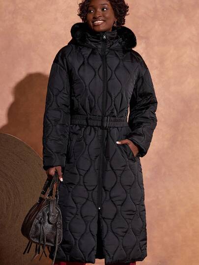 Bóhologie Quilted Long Coat With Fur-Trimmed Hood And Waist Belt, Warm And Stylish Winter Outerwear, Waterproof Fabric, Limited Edition Collection Long Winter Coat Women Womens Quilted Coat Womens Long Puffer Coat Womens Belted Winter Coat Hooded Winter Coat Women Long Quilted Coat Women Womens Quilted Winter Coat