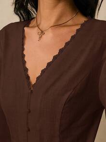 Poéselle Women's Solid Color Long Sleeve V-Neck Front Button Lace Trim Fashion Blouse,Brown Top - Coffee Brown - View 5