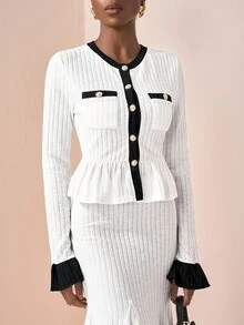 Zivah Elegant Black And White Autumn Tea Party 2 Pieces Set,Y2K Vintage Crew Neck Contrast Color Long Sleeve Ruffle Hem Metal Button Knit Top & Maxi Skirt - Black and White - View 6