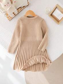 SHEIN 年轻女孩纯色圆领休闲毛衣裙 - 卡其色 - 查看 7