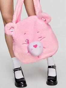 ROMWE X Care Bears Pink Plush Bear Embroidered Large Capacity Tote Bag, Suitable For School, Dates And Daily Use - Baby Pink - View 2