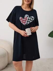 EURMUSE Cotton Plus Size Heart Printed Short Sleeve Sleepshirt - Navy Blue - View 6