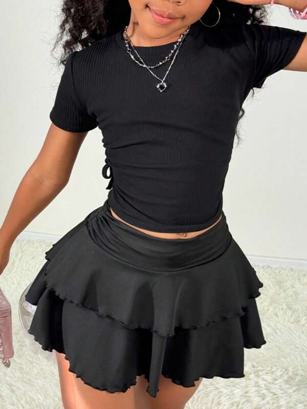 Coolane Kids Top de malla con borde de lechuga para conciertos/uso en la calle/estilo Y2K para niñas preadolescentes, Falda plisada de color negro sólido con cordón en la cintura para niñas preadolescentes, Estilo casual de calle