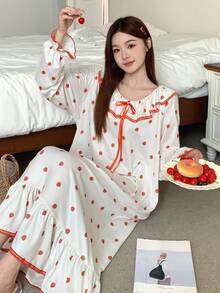 DAZY Cute Strawberry Print Ruffle Trim Long Women Nightgown, Fall Pajama - Red - View 5