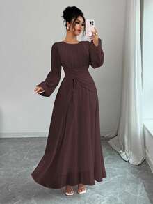 Elenzga 女士春夏法式浪漫西西里优雅休闲通勤度假下午茶派对圆领褶皱腰抽绳 A 字形松紧腰长袖长裙 - 棕色 - 查看 5