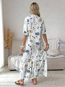 SHEIN 孕妇碎花荷叶边系领短袖连衣裙 - 白色 - 查看 2