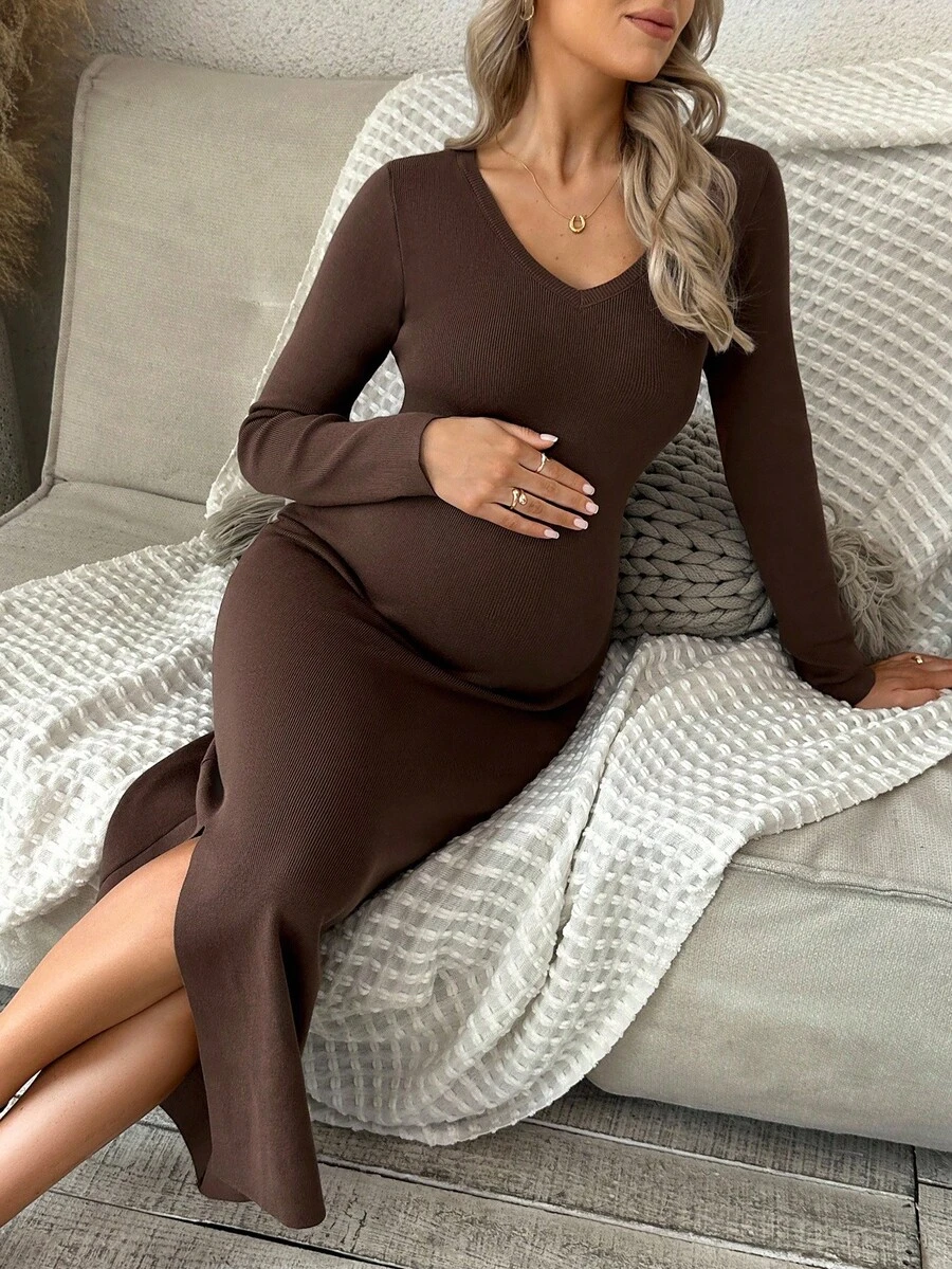 SHEIN 孕妇装 V 领长袖侧开衩下摆修身优雅针织连衣裙，秋季