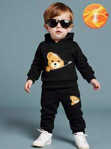 SHEIN Playful Pals Baby Jungen Kapuzenpullover Set, 3D realistischer süßer Bär Cartoon Druckmuster, Streetwear Mode sportlich-Lässig vielseitig, geeignet für Ausflüge, Zuhause und weitere Anlässe