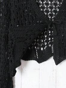 SHEIN Tween Girl Elegant Hem Shell Trim Long Sleeve Cropped Cardigan Fall Winter - Black - View 3