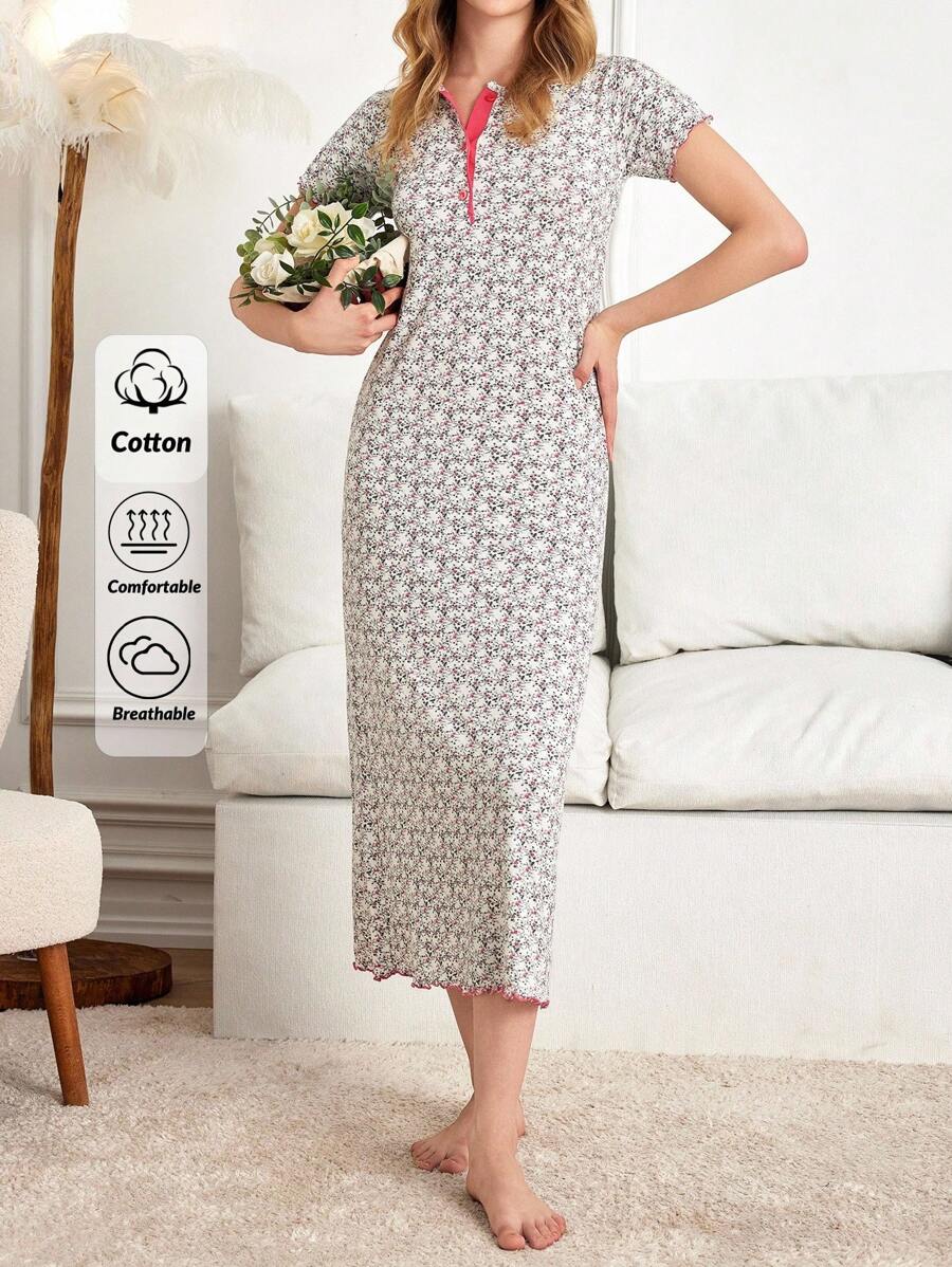 EURMUSE Vestido de pijama de manga larga con patrón floral, cuello redondo, botones y mangas cortas de algodón para mujer - Blanco - Ver 1