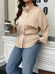 SHEIN LUNE Plus Size Women's Solid Color Drop Shoulder Long Sleeve Drawstring Waist Casual Jacket Fall Winter Cloth For Women Autumn - Khaki - View 7
