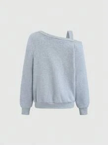 Sweetra New Casual Asymmetrical Shoulder Women Sweatshirt, Grey Embroidered Bow Oblique Shoulder Sweatshirt, Spring/Autumn Pullover Fall - Grey - View 2