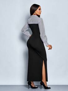 SOLERSUN Damen elegantes, lässiges Farbblock figurbetontes Langarm-Strickkleid mit Kragen, gestreiftes Patchwork-Strickkleid mit 2-in-1-Look, Winterkleidung für Frauen (zufälliges Blumenmuster) - Schwarz - Übersicht 2