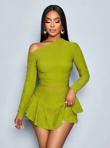SOLERSUN Women's Green Elegant Asymmetrical Neck Long Sleeve Top And Asymmetric Shorts Two Pieces Set, Graduation Fall, Christmas Women's Clothing - Green - View 6