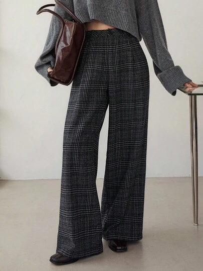 Dazy-Less 女士宽松格子直筒休闲裤，适合商务、办公室、通勤、秋冬季女士正装裤