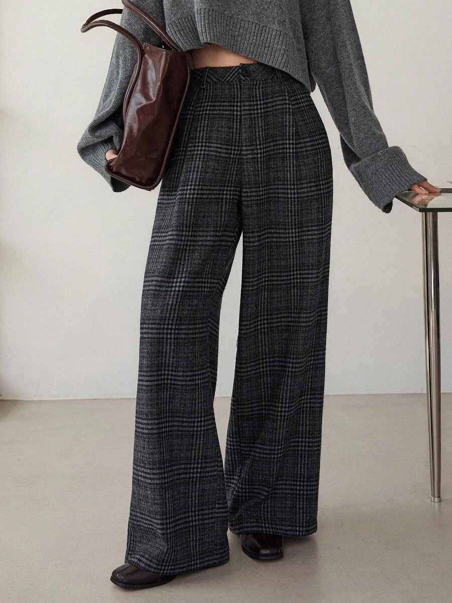 Dazy-Less 女士宽松格子直筒休闲裤，适合商务、办公室、通勤、秋冬季女士正装裤 - 深灰色 - 查看 1