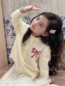 DAZY Young Girls Korean Style Fresh & Cute Bow Contrast Color Long Sleeve Cardigan, Autumn/Winter - Apricot - View 9