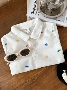 SHEIN Camisa polo de manga corta y patrón de corona para jóvenes estilo universitario, cómoda, transpirable, versátil, adecuada para jugar afuera e ir a la escuela, ideal para la primavera y el verano - Blanco - Ver 8