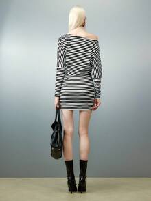 Airlisse Black Striped Off-Shoulder Long Sleeve Dress - Black and White - View 2