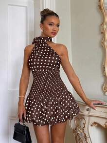 Glamine 女士优雅经典复古波尔卡圆点紧身露背连衣裙，春季连衣裙，沙滩裙，夏季连衣裙，晚礼服，紧身连衣裙，浪漫连衣裙，适合日常约会，度假，海滩，夜总会，派对 - 咖啡棕 - 查看 3