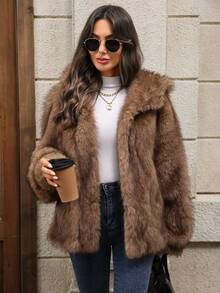 EMERY ROSE Women's Solid Color Long Sleeve Open Front Loose Faux Fur Jacket Winter Coats For Women Winter Clothes For Women Going Out,Fall