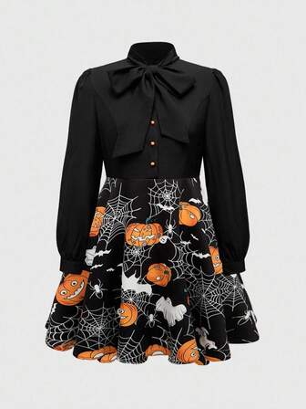 Goth Große Größen Damen Halloween Cartoon Kürbis Muster Bindeband Langarm Hemdkleid