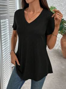 SHEIN Clasi Áo thun tay ngắn rộng rãi màu trơn cổ chữ V thường ngày dành cho nữ - màu đen - Xem 4