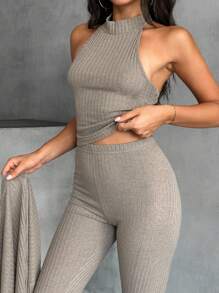 EURMUSE Bộ 3 áo sơ mi dài tay trễ vai màu trơn, áo vest lửng và quần dài thường ngày cho nữ mùa xuân/thu - Màu be - Xem 7