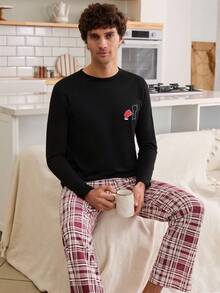 RueChic Men Plaid Printed Puzzle Printed Cotton Valentine's Day Couple Regular Homewear Set