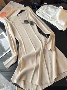 Franclia 优雅长袖圆领修身休闲连衣裙 - 杏色 - 查看 6